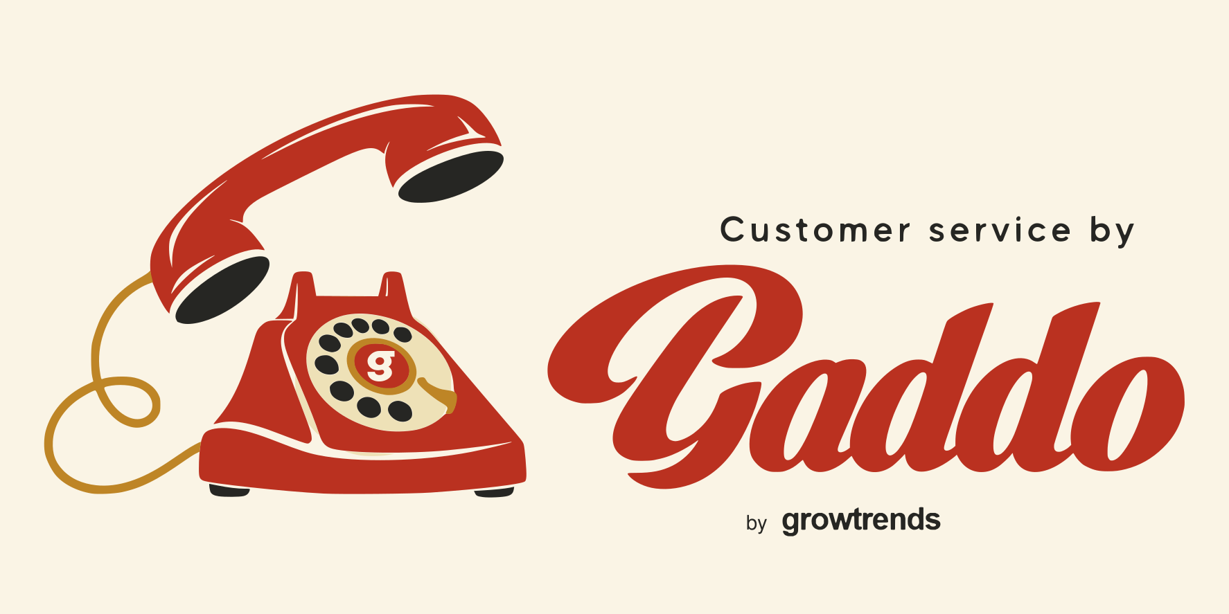Customer service by Gaddo, with a red rotary telephone, cream Growtrends g centered in its dial, and gold cord on a cream background.