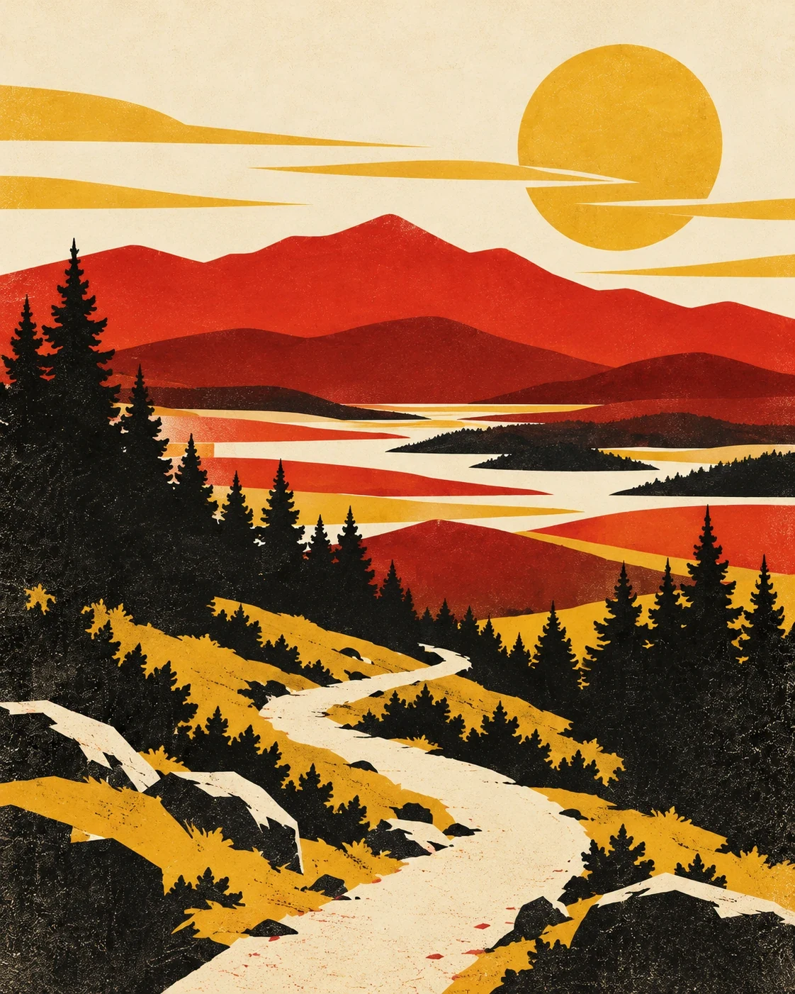 A winding trail through evergreen trees opens onto layered Adirondack mountains and a lake.