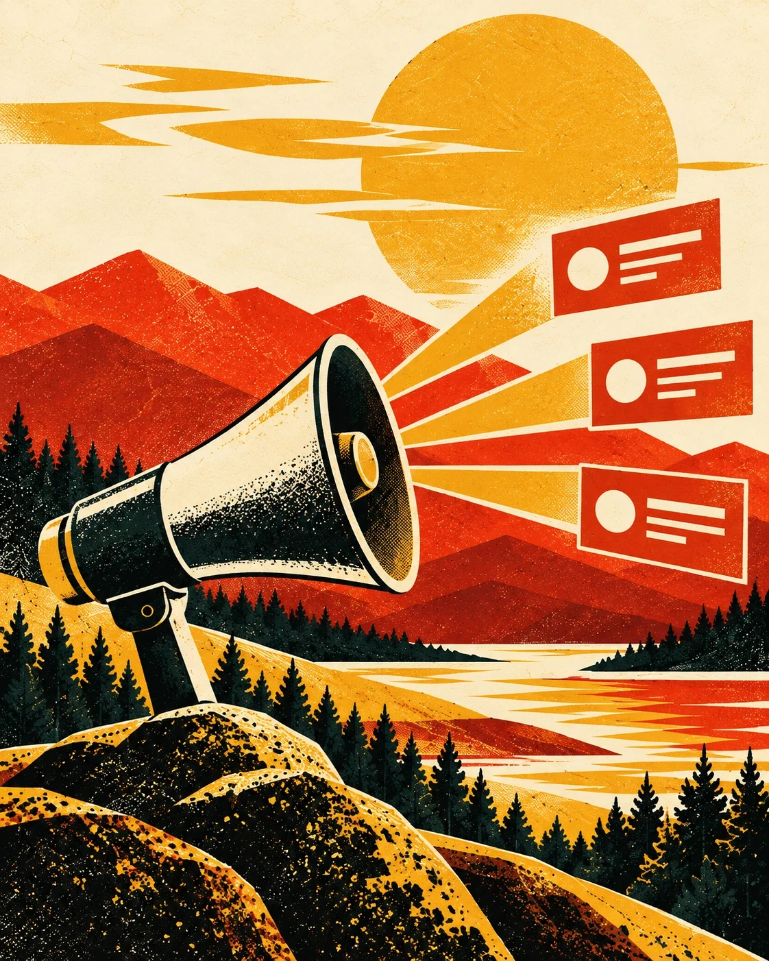 A megaphone projects campaign cards across an Adirondack mountain landscape.