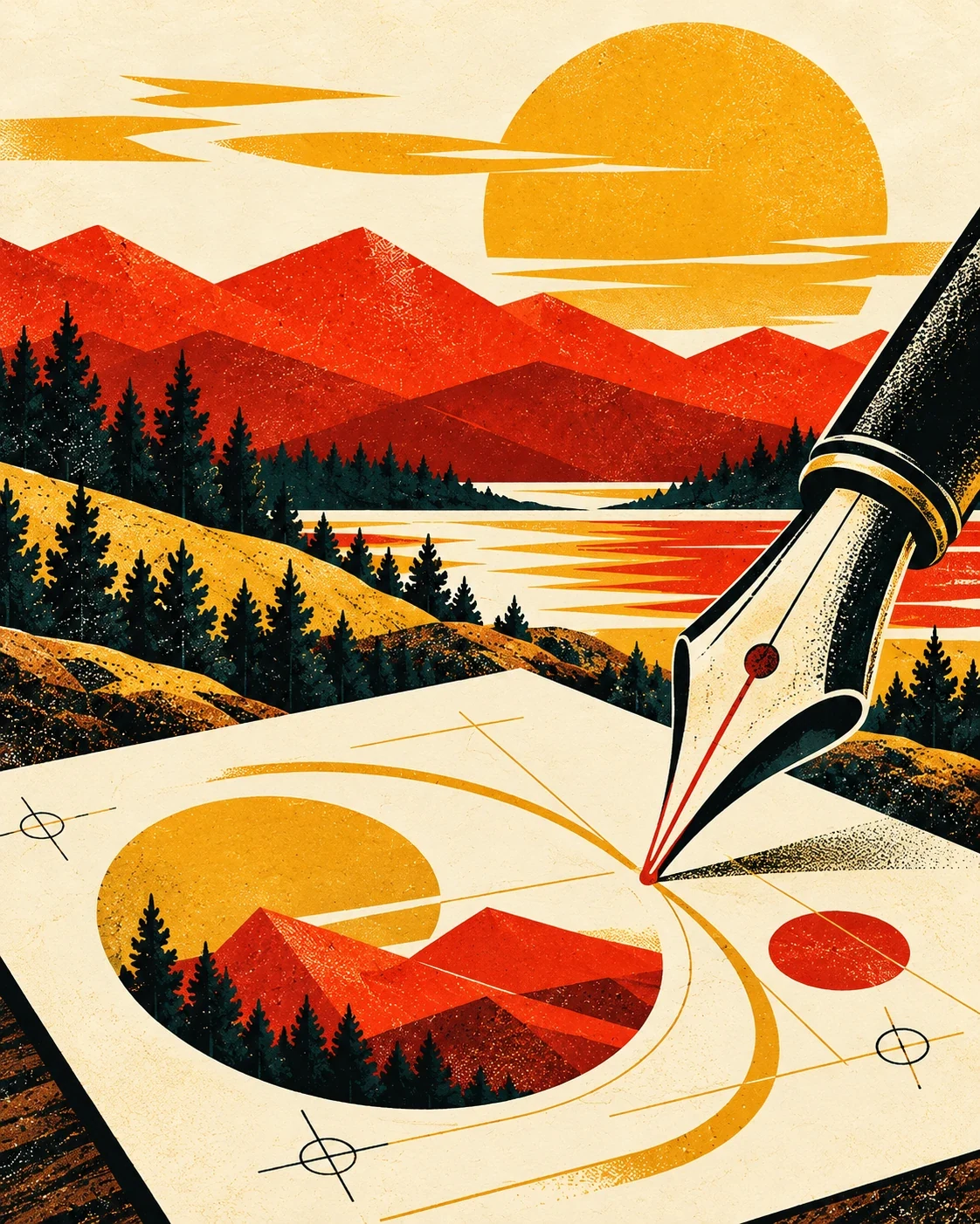 A fountain pen draws a geometric design on a cream sheet against Adirondack mountains.