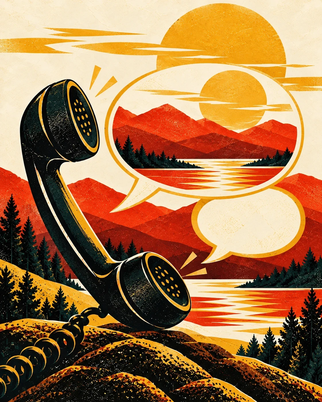 A telephone handset and conversation bubbles frame an Adirondack lake and mountains.