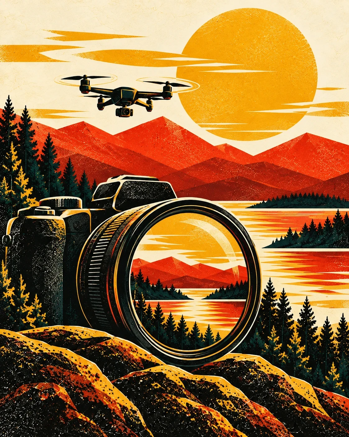 A camera lens reflects an Adirondack lake while a drone flies above the mountains.