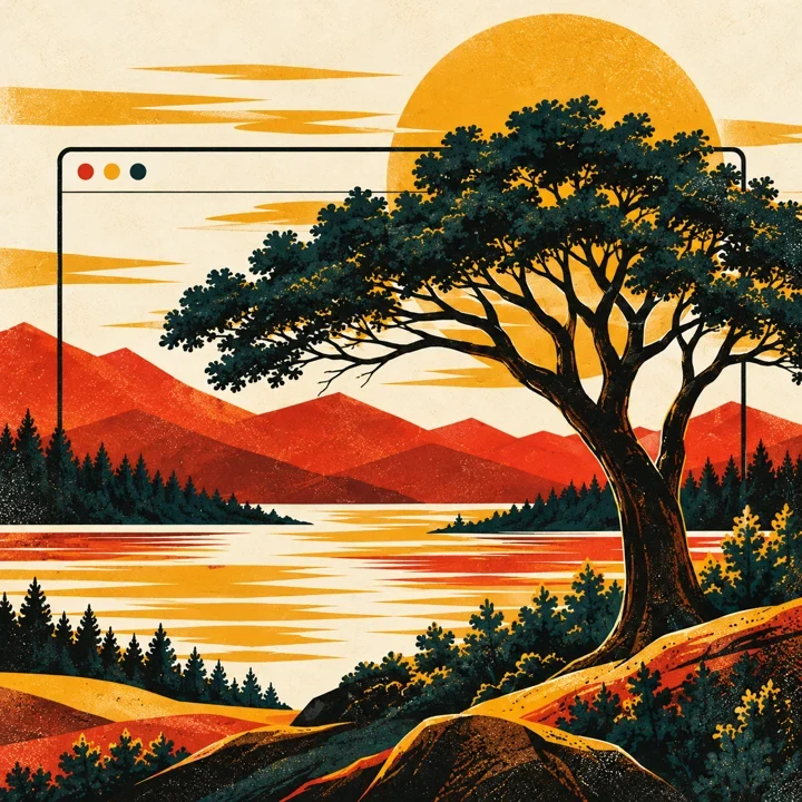 A website browser frame set against Adirondack-inspired mountains, pine trees and a golden sun.
